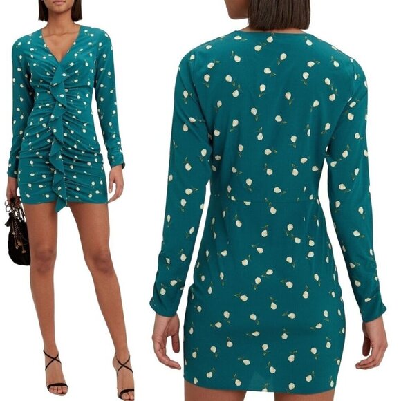 Intermix Dress Women 6 Teal Blue Adrienne Floral Silk Ruched Ruffle Mini Sheath - Picture 1 of 12